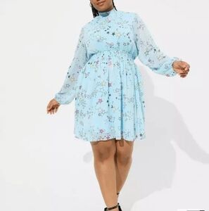 🏷️ Torrid Mini Clipdot Blouson Sleeve Mock Neck Skater Dress Cosmic Stars 1X